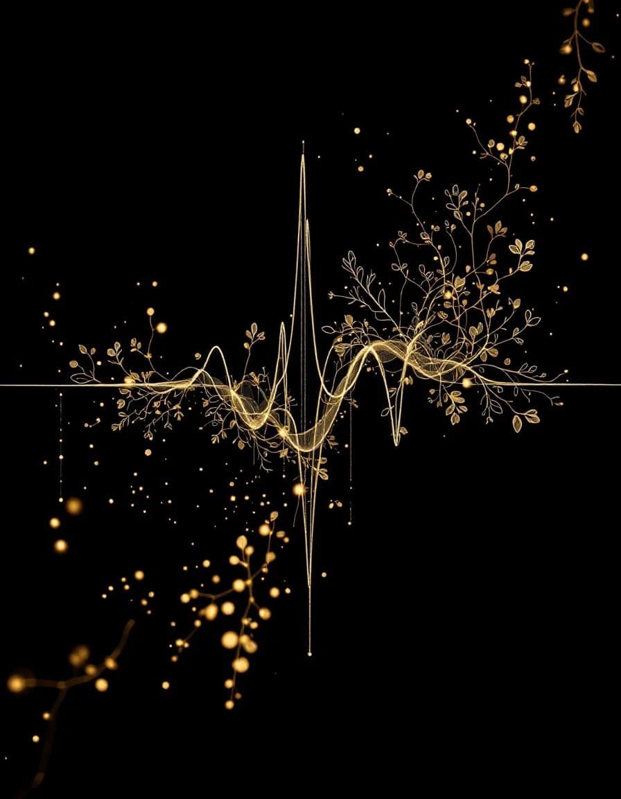 Gold filigree waveform suspended in dark space